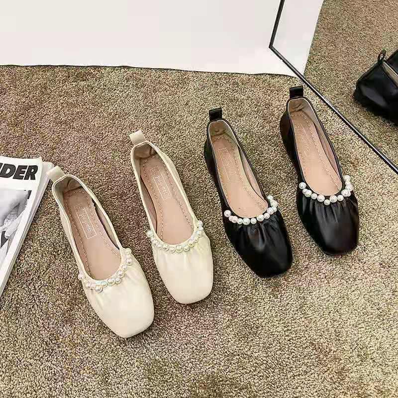 Giày Búp Bê Da Mềm Đế Bằng Đính Ngọc Trai Thời Trang 2022 Cho Mẹ Bầu