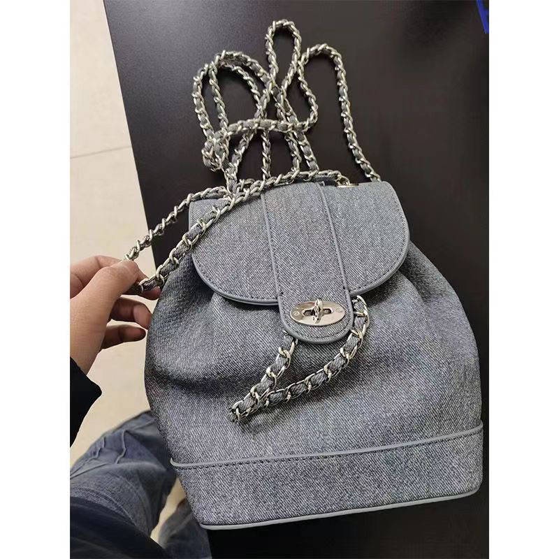 Ba Lô Denim Mini Phối Dây Xích Phong Cách Preppy Hàn Quốc Kiểu Mới