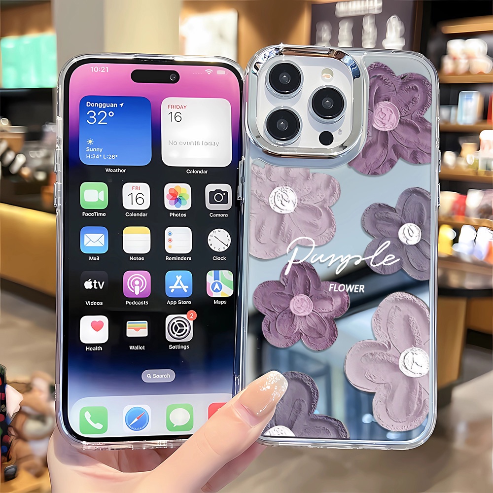 Ốp Điện Thoại Tráng Gương Viền Kim Loại Họa Tiết Hoa Cho iphone 14 pro max 11 12 13 8 7 Plus X XR XSMax