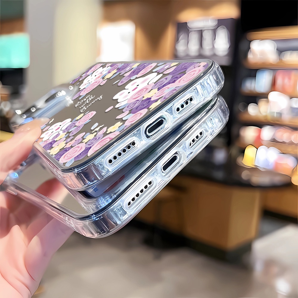 Ốp Điện Thoại Tráng Gương Viền Kim Loại Họa Tiết Thỏ Và Hoa Cho iphone 14 pro max 11 12 13 8 7 Plus X XR XSMax