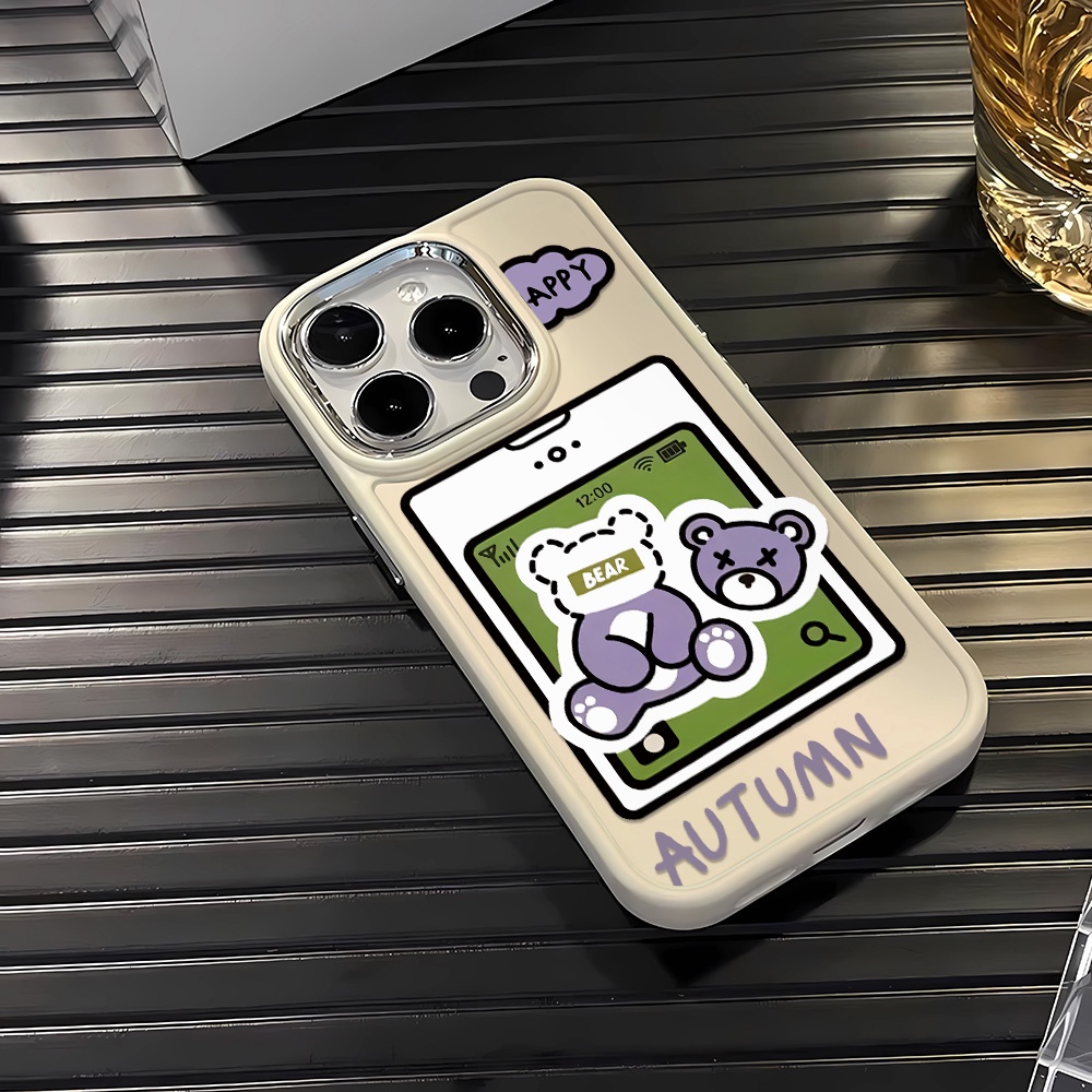 Ốp Điện Thoại Silicone Khung Kim Loại In Hình Gấu Hoạt Hình Đáng Yêu Cho iphone 14ProMax 11 13 12 7Plus 8 X XS Max