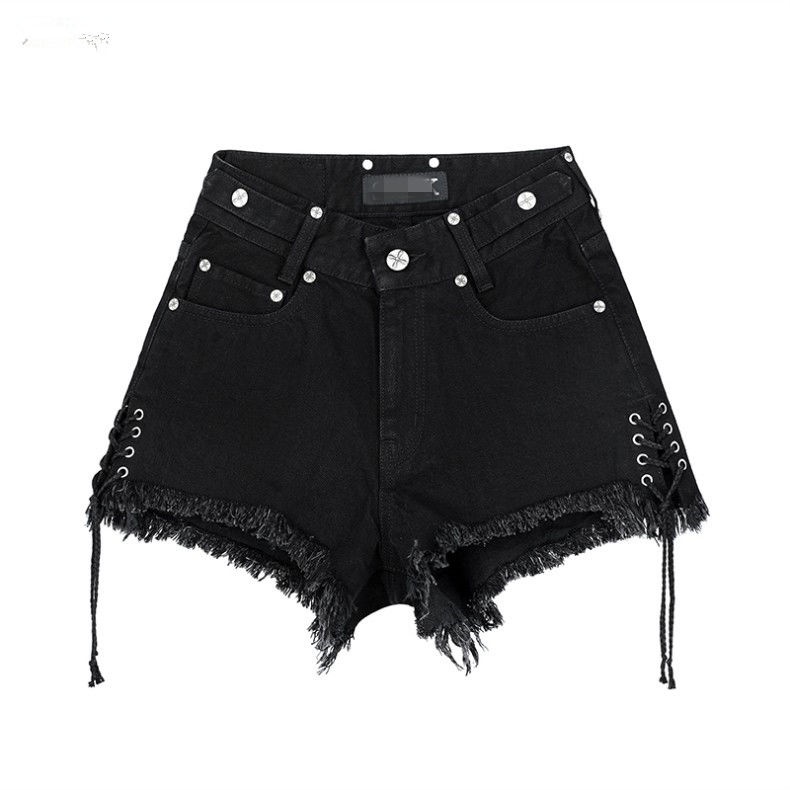 [Hàng Có Sẵn Giao Hàng Nhanh] ins Quần Short Denim Hoa Chéo Dây Lưng Cao Thời Trang Đường Phố Mùa Hè Nóng Bỏng Cho Nữ T