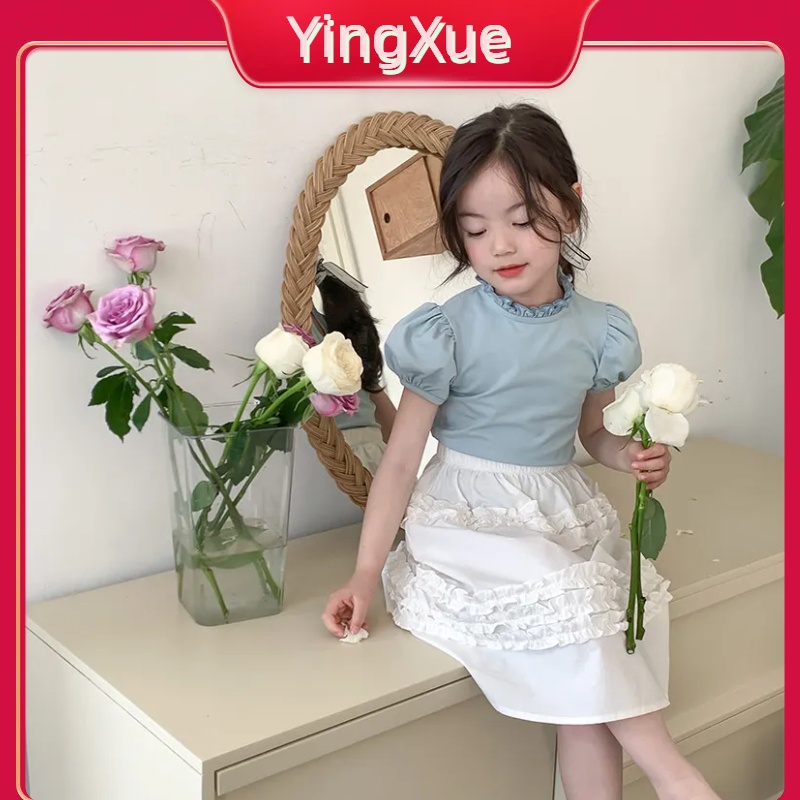 【Hàng Có Sẵn】 Quần áo Trẻ Em Mới 2023 Khí Chất Ren Cổ áo đứng Tay Phồng Áo Thun Cotton Thân Thiện Với Da Áo Ngắn Tay Cho Bé Gái
