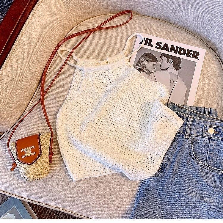 Áo Hai Dây Dệt Kim Hở Vai Màu Trơn Mùa Hè Ngọt Ngào Thời Trang Mới Mùa Hè Cho Nữ