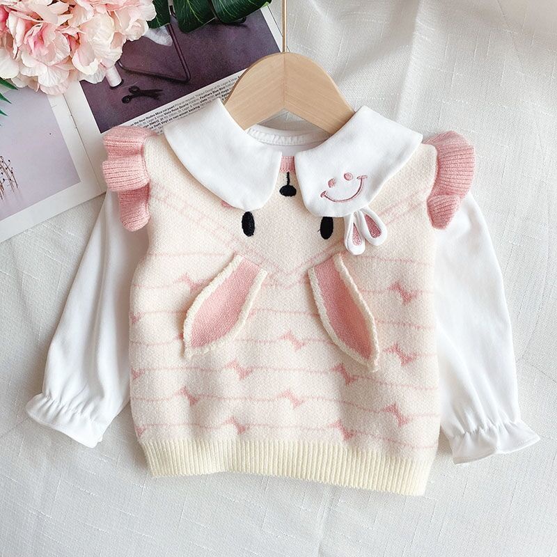 Áo Sweater Dệt Kim Không Tay Đính Tai Thỏ Phong Cách Thời Trang Xuân Thu Hàng Mới Dành Cho Bé Gái