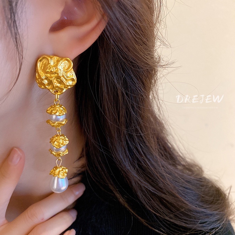 Khuyên tai DREJEW dáng dài đính ngọc trai phong cách Âu Mỹ thời trang cho nữ