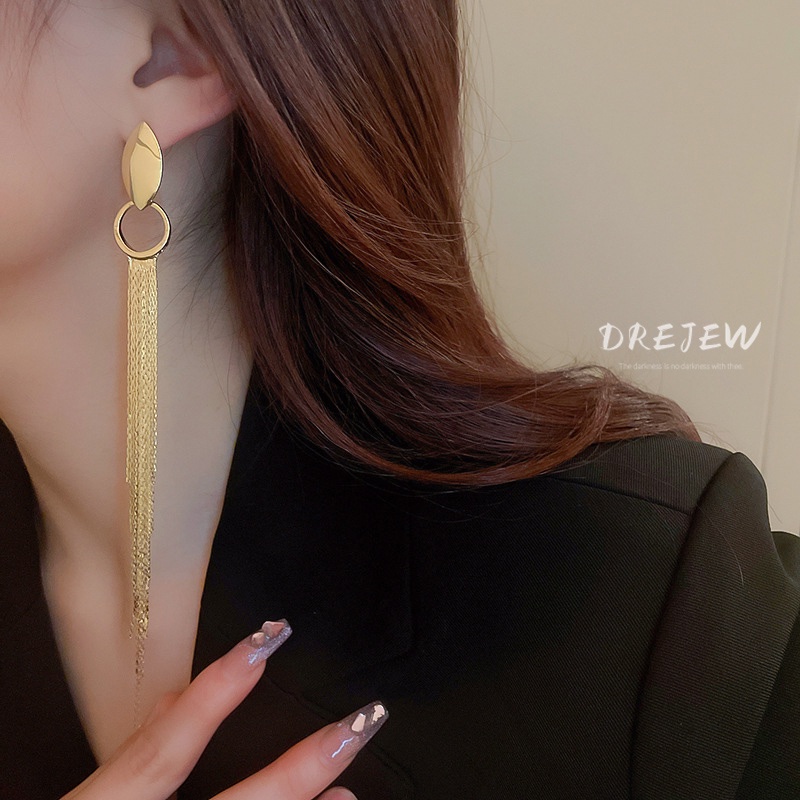 Khuyên tai DREJEW kim bạc dáng dài hình oval phong cách Âu Mỹ thời trang