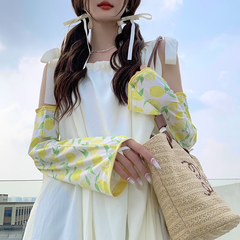 Găng Tay Chống Nắng Bằng Lụa Lạnh Họa Tiết Trái Cây Phong Cách Mới Bảo Vệ Cánh Tay Khi Lá