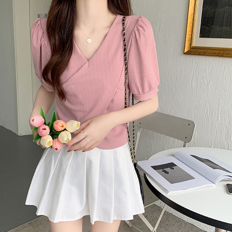 Áo Thun Tay Ngắn Cổ Chữ V Thiết Kế Chéo Thời Trang Mùa Hè Mới