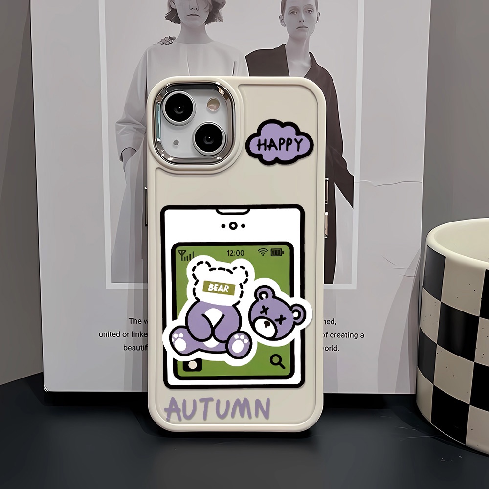 Ốp Điện Thoại Silicone Khung Kim Loại In Hình Gấu Hoạt Hình Đáng Yêu Cho iphone 14ProMax 11 13 12 7Plus 8 X XS Max