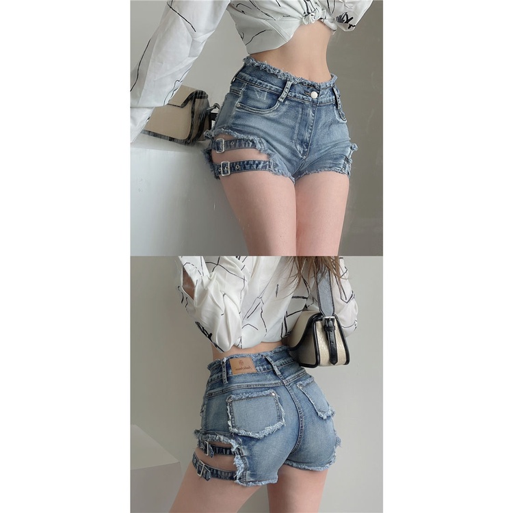 [Hàng Có Sẵn Giao Hàng Nhanh] Quần Short Denim Dáng Ôm Phối Tua Rua Thiết Kế Rỗng Phong Cách Mỹ Quyến Rũ Thời Trang Xuân Hè Mới Cho Nữ
