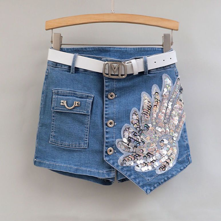 [Hàng Có Sẵn Giao Hàng Nhanh] Quần Short Denim Lưng Cao Dáng Ôm Đính Kim Sa Phong Cách Hàn Quốc Thời Trang Xuân Hè Mới Cho Nữ