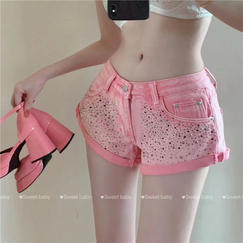 [Hàng Có Sẵn Giao Hàng Nhanh] Quần Short Jean Ống Rộng Lưng Thấp Đính Đá Phong Cách Mỹ Mùa Hè Mới Cho Nữ Dopamine