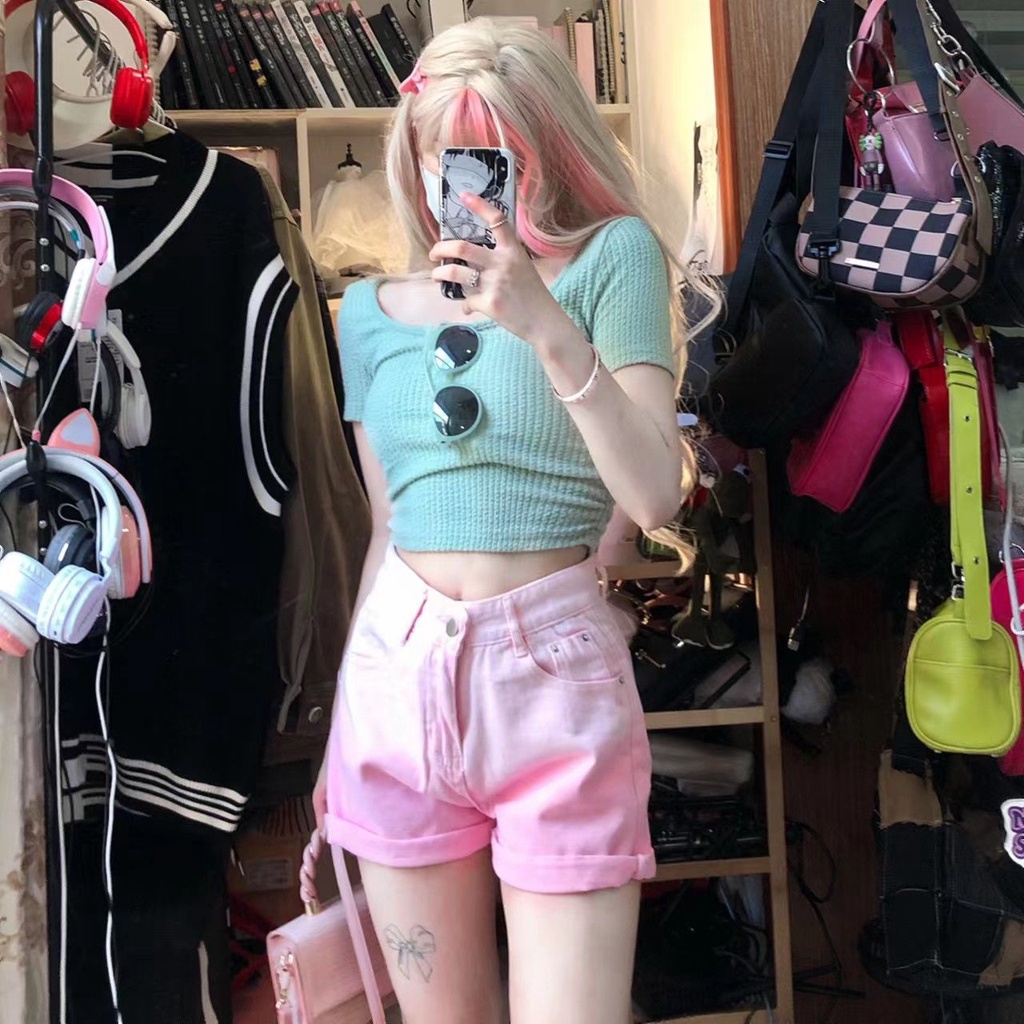 [Hàng Có Sẵn Giao Hàng Nhanh] Quần Short Denim Lưng Cao Dáng Rộng Màu Hồng Gradient Phong Cách Đường Phố Cho Nữ