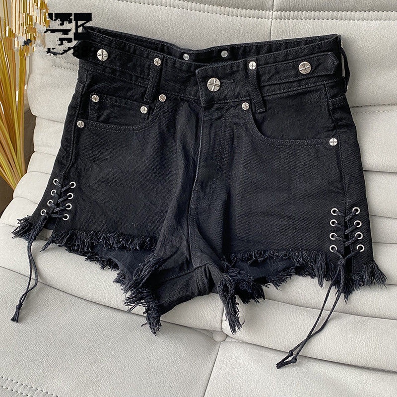 [Hàng Có Sẵn Giao Hàng Nhanh] ins Quần Short Denim Hoa Chéo Dây Lưng Cao Thời Trang Đường Phố Mùa Hè Nóng Bỏng Cho Nữ T