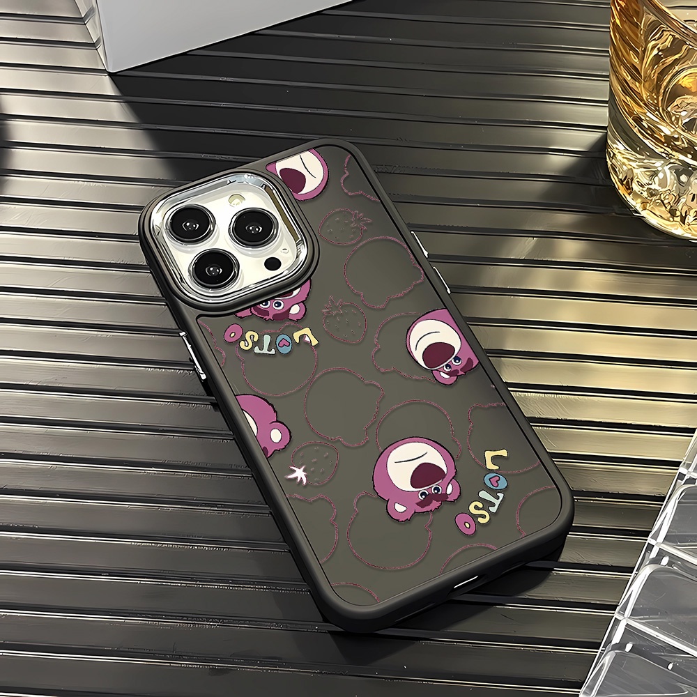 Ốp Điện Thoại Silicone Khung Kim Loại In Hình Gấu Dâu Tây Cho iphone 14ProMax 11 13 12 7Plus 8 X XS Max