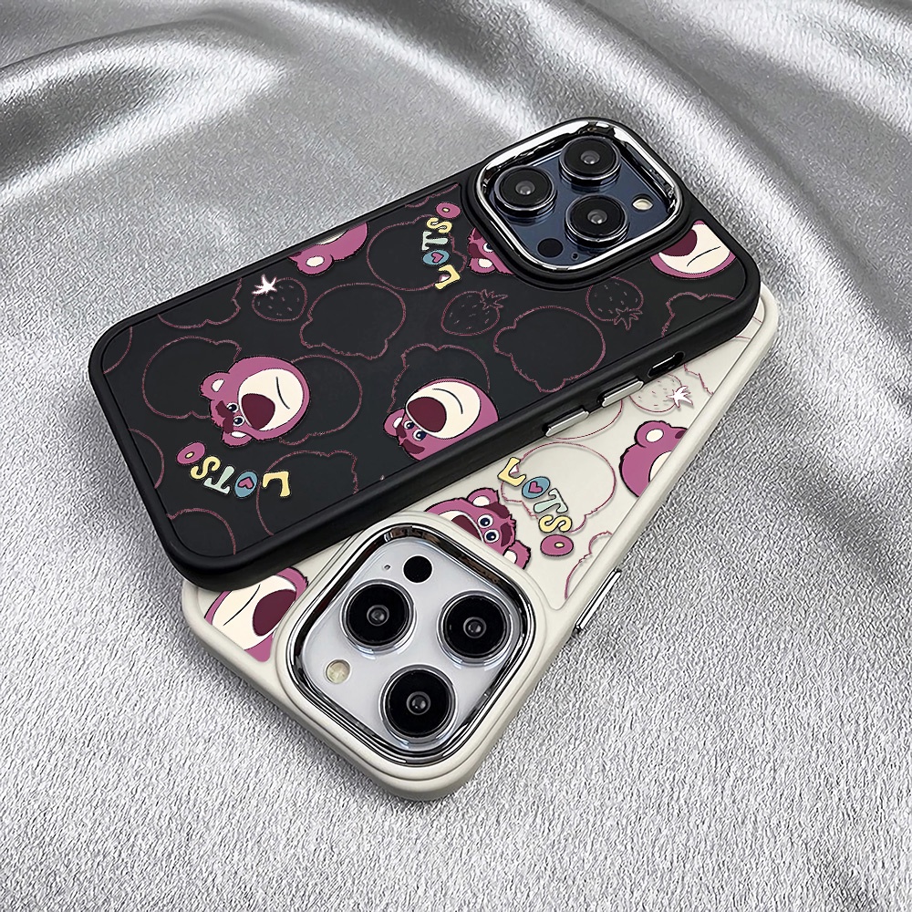 Ốp Điện Thoại Silicone Khung Kim Loại In Hình Gấu Dâu Tây Cho iphone 14ProMax 11 13 12 7Plus 8 X XS Max