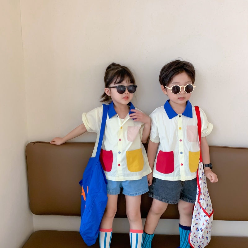 ✨Hàng Có Sẵn!✨ Áo Sơ Mi Tay Ngắn Phong Cách Hàn Quốc Thời Trang Mùa Hè 2023 Dành Cho Bé Trai Gái