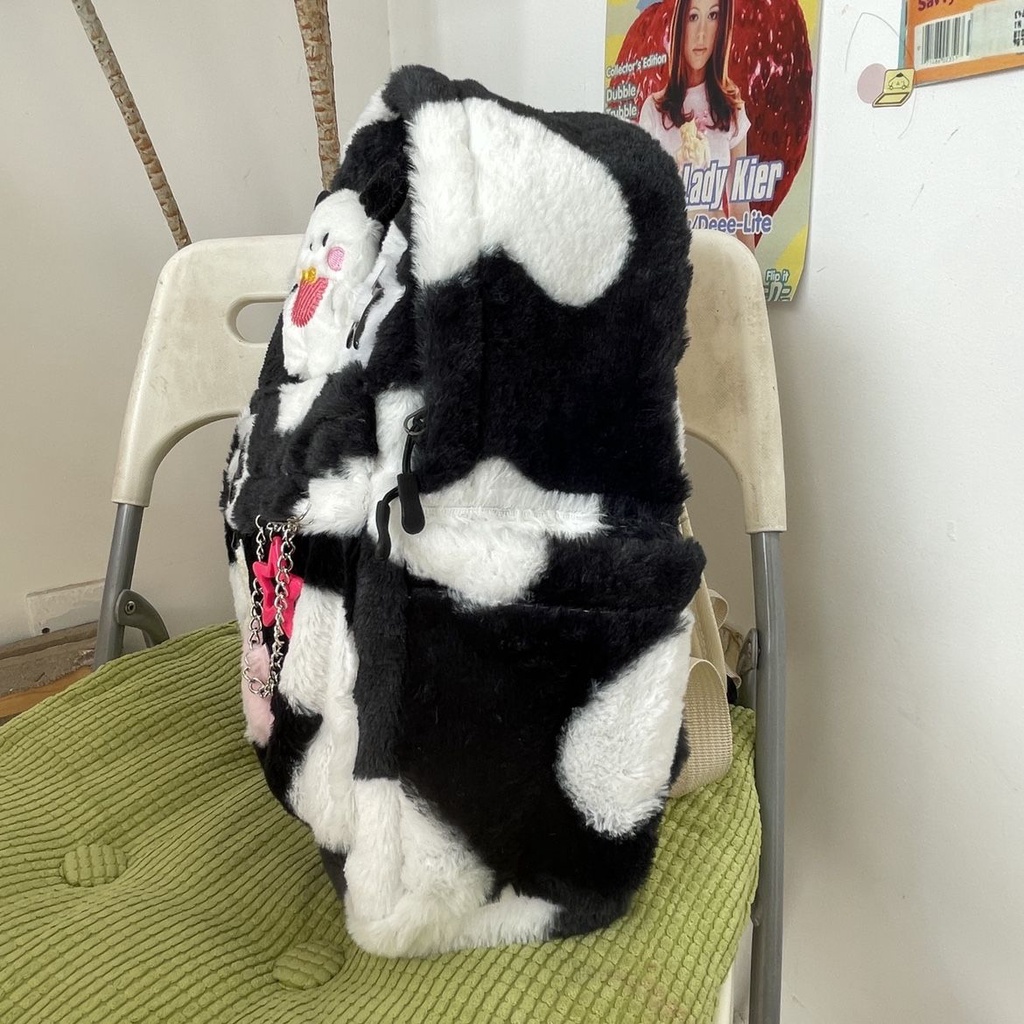 Chú Chó Sáp Mềm Màu Trắng Đen Handmade Dễ Phối Đồ ​​Ba Lô Vải Lông Sức Chứa Lớn Hình Ngôi Sao Có Dây Xích Đeo Vai