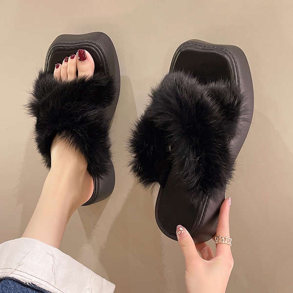 Dép Lông Quai Chéo Đế Dày Phong Cách Hàn Quốc