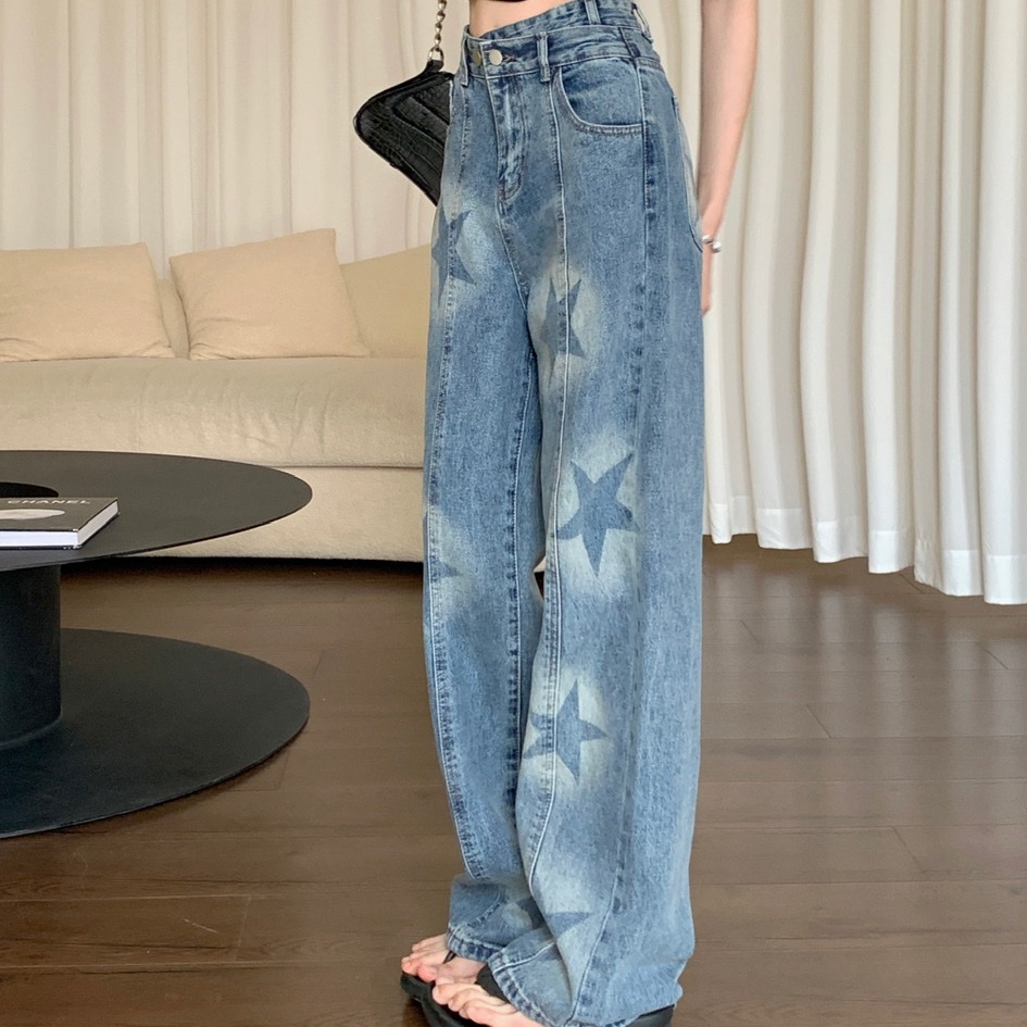 Quần Jean Nữ Ống Rộng Lưng Cao In Hình Ngôi Sao Kiểu Dáng Mới