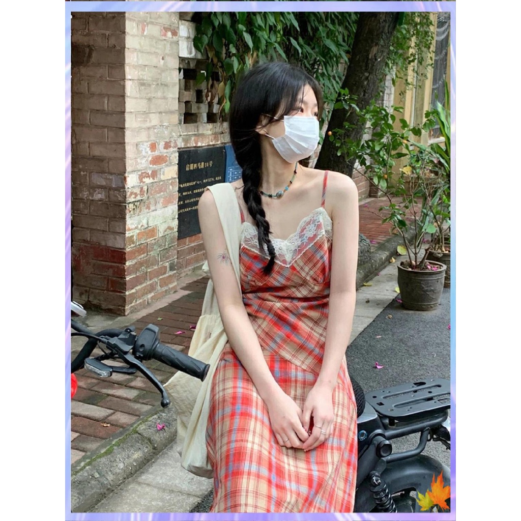 đầm cổ yếm váy yếm đầm babydoll Đầm Hai Dây Phối Ren Họa Tiết Kẻ Ô Phong Cách Pháp Cổ Điển Thời Trang Mùa Hè 2023 Mới