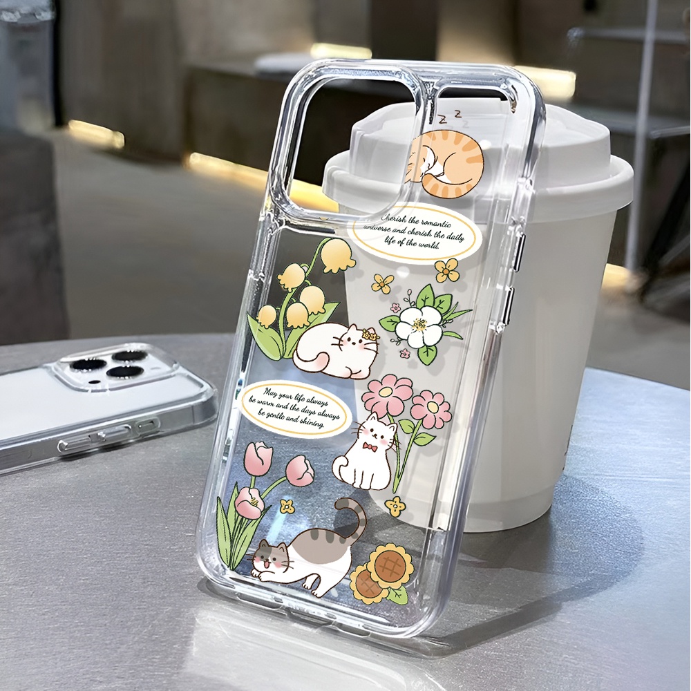 Ốp Điện Thoại Trong Suốt In Hình Mèo Và Hoa Thời Trang Cho iphone 14 pro max 11 13 12 7 8 Plus X XR XSMax