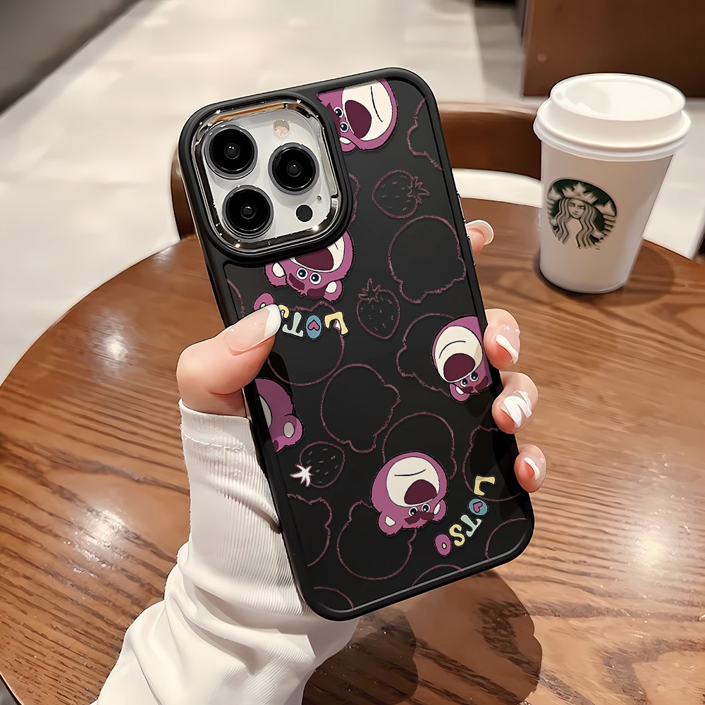 Ốp Điện Thoại Silicone Khung Kim Loại In Hình Gấu Dâu Tây Cho iphone 14ProMax 11 13 12 7Plus 8 X XS Max