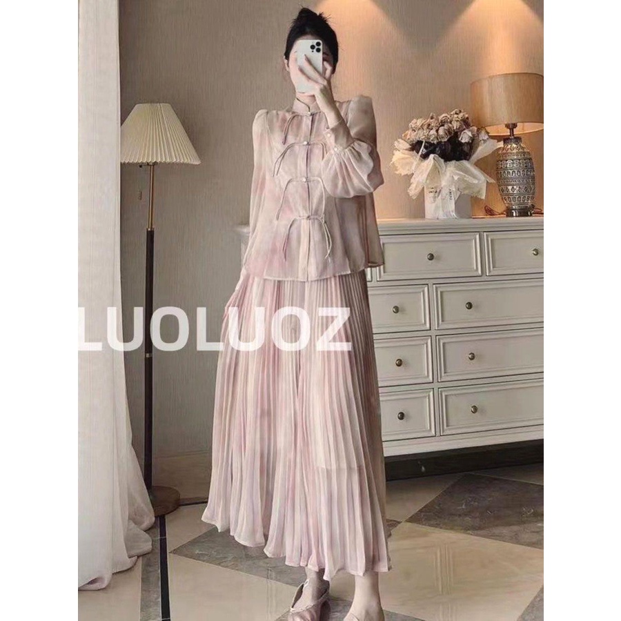 Ssnnew Đầm Xếp Ly Nhẹ Nhàng Xếp Ly Cài Nút Cổ Đứng Nhuộm Màu Mực In Họa Tiết Thổ Cẩm Trung Hoa Phối Tua Rua