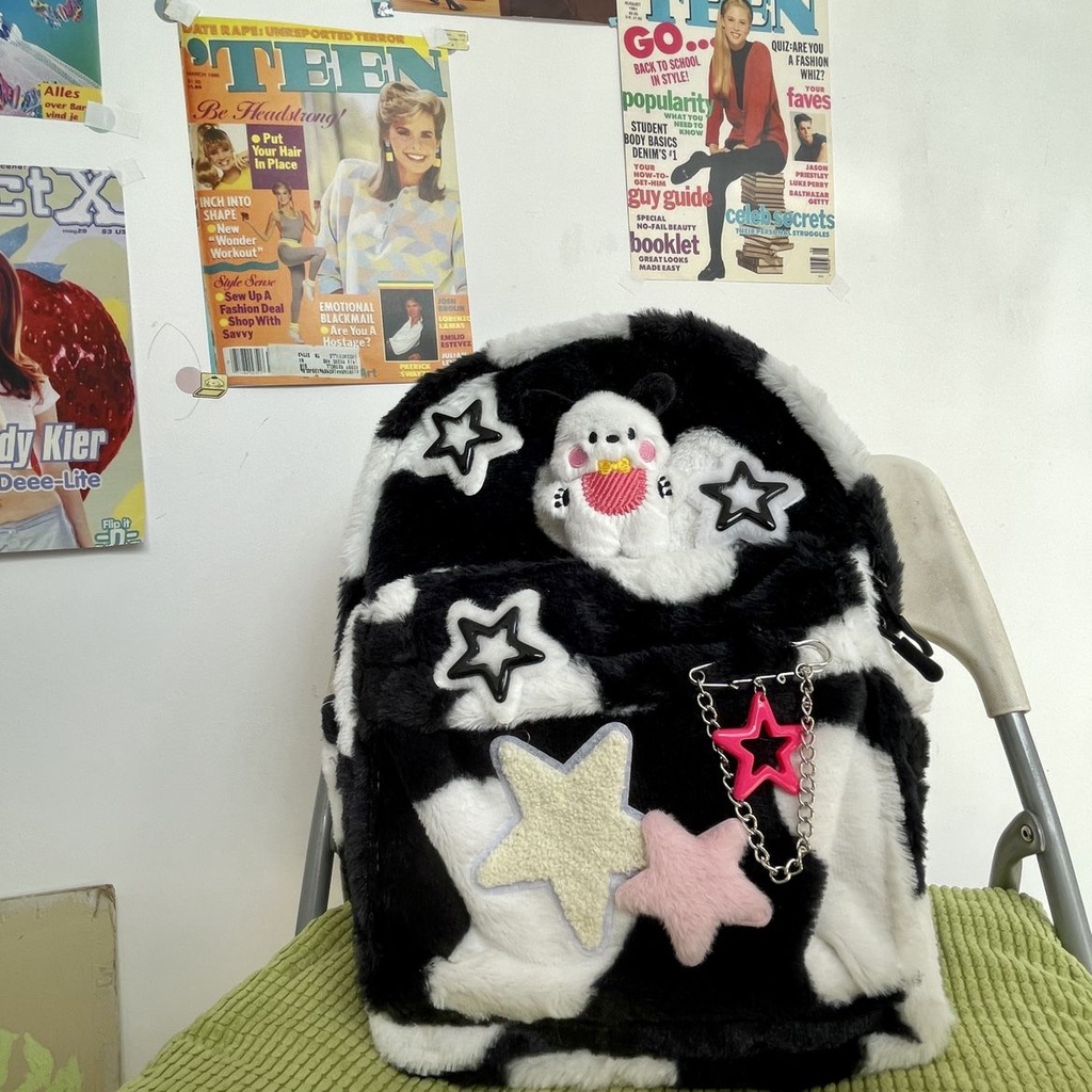 Chú Chó Sáp Mềm Màu Trắng Đen Handmade Dễ Phối Đồ ​​Ba Lô Vải Lông Sức Chứa Lớn Hình Ngôi Sao Có Dây Xích Đeo Vai