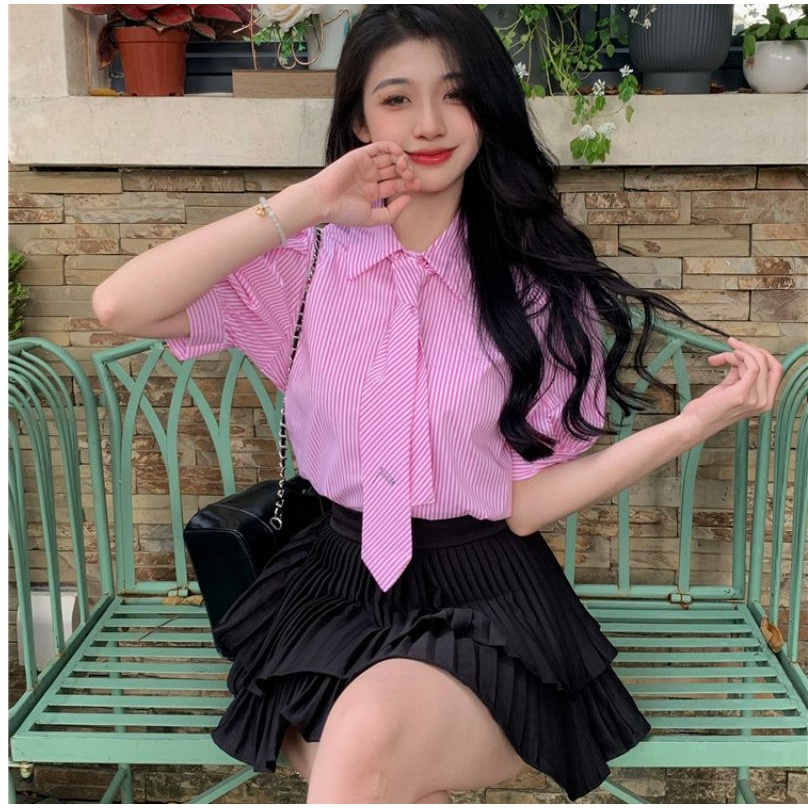 Áo Sơ Mi Tay Ngắn Phồng Họa Tiết Kẻ Sọc Màu Hồng Ngọt Ngào Thời Trang Mùa Hè Cho Nữ