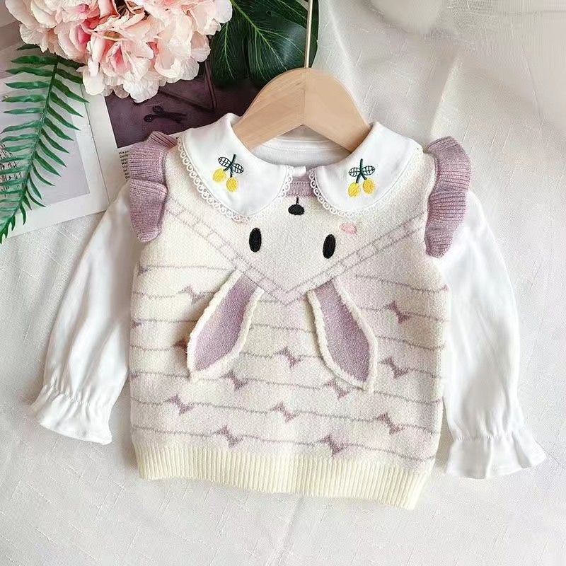 Áo Sweater Dệt Kim Không Tay Đính Tai Thỏ Phong Cách Thời Trang Xuân Thu Hàng Mới Dành Cho Bé Gái