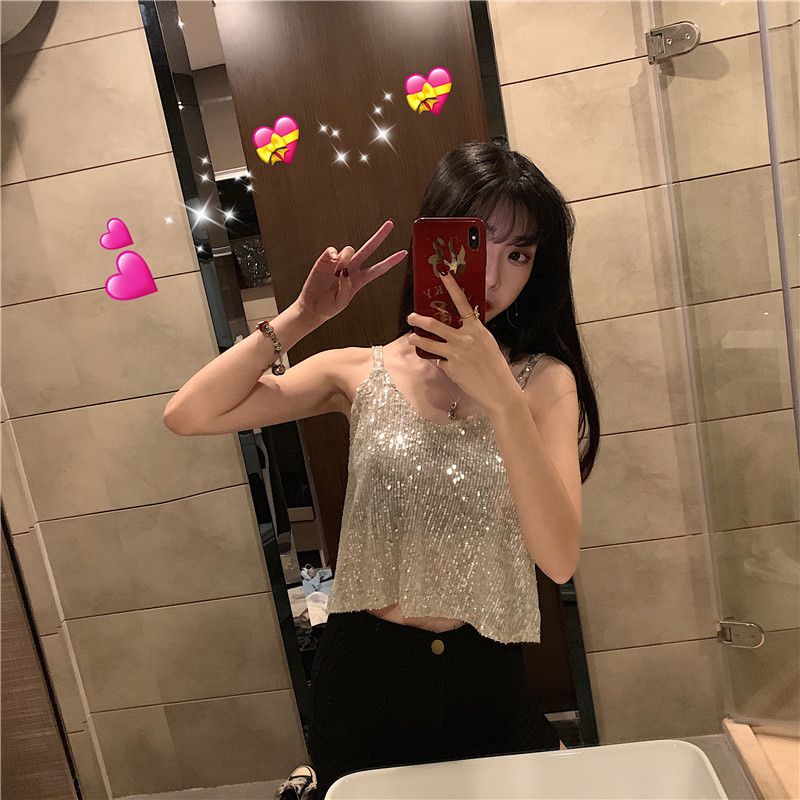 Jiashuchengv Áo Hai Dây Đính Kim Sa Lấp Lánh Gợi Cảm Cho Nữ Mặc Ngoài