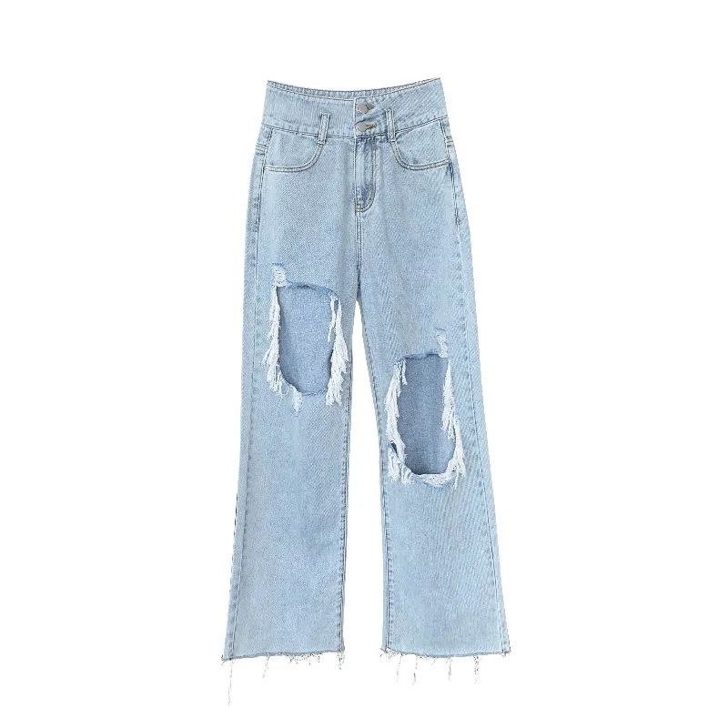 Quần Jean Dài Lưng Cao Dáng Rộng Thiết Kế Rách Thời Trang Mùa Hè Mới Cá Tính Cho Nữ