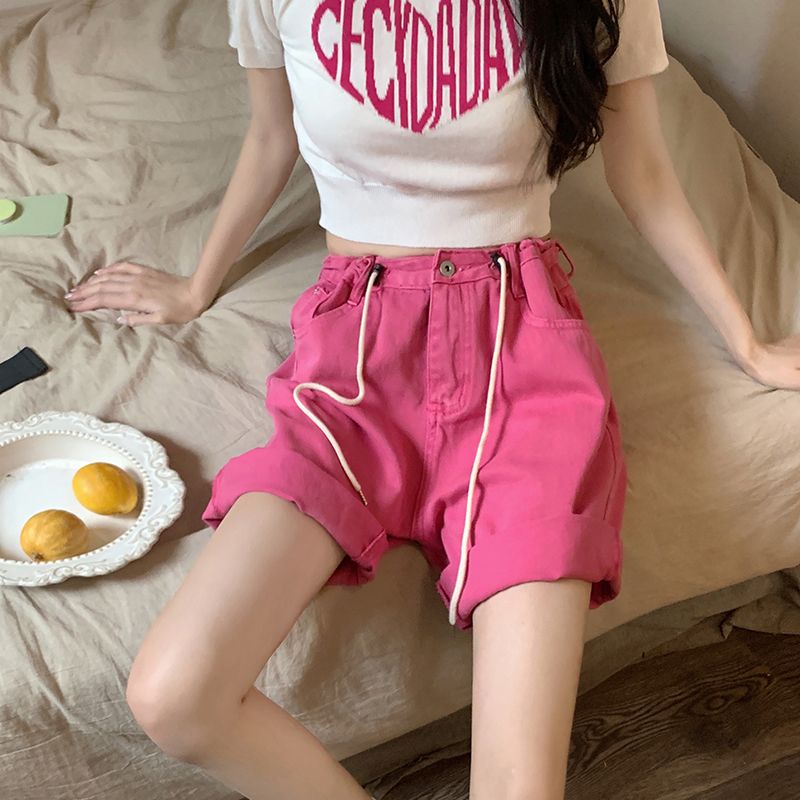 Jiashucheng Quần Short Jean Ống Rộng Lưng Cao Phối Dây Rút Phong Cách Mỹ Thời Trang Mùa Hè Mới Cho Nữ