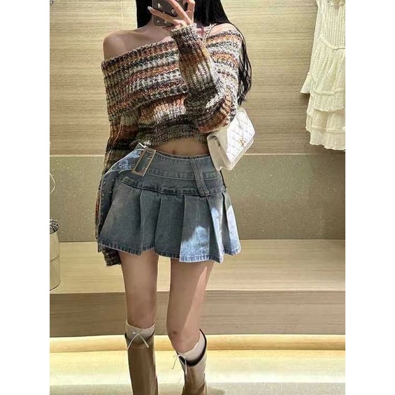 Jiashucheng Chân Váy Denim Chữ A Lưng Cao Xếp Ly Thời Trang Mùa Hè Hàng Mới Dành Cho Bạn Nữ