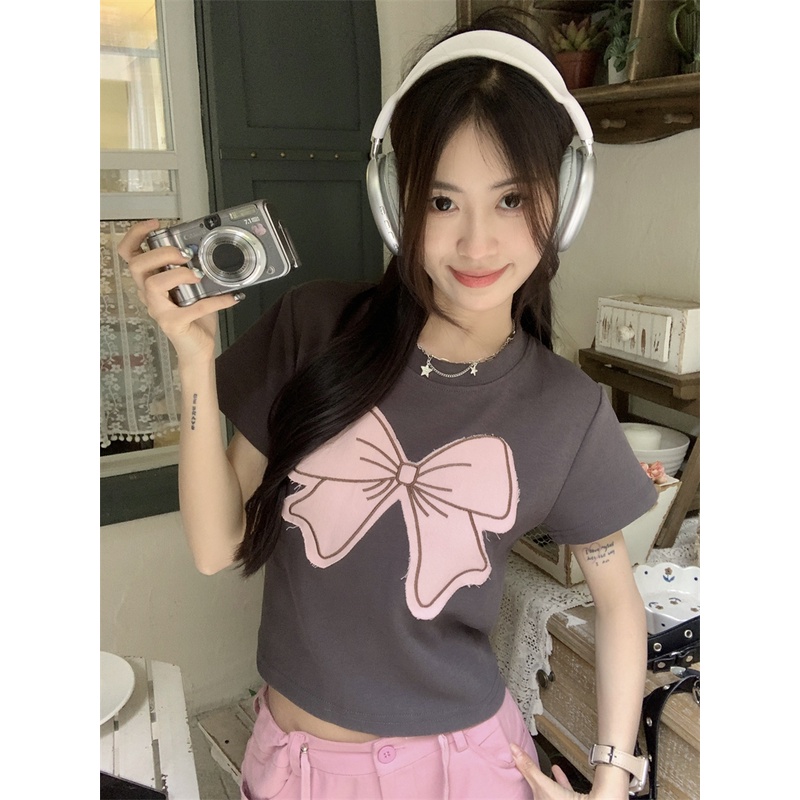 「 WELOVE1 」Áo Thun Croptop Tay Ngắn Cổ Tròn Dáng Ôm In Họa Tiết Nơ Kiểu Retro Mỹ Thời Trang Mùa Hè Cho Bạn Gái