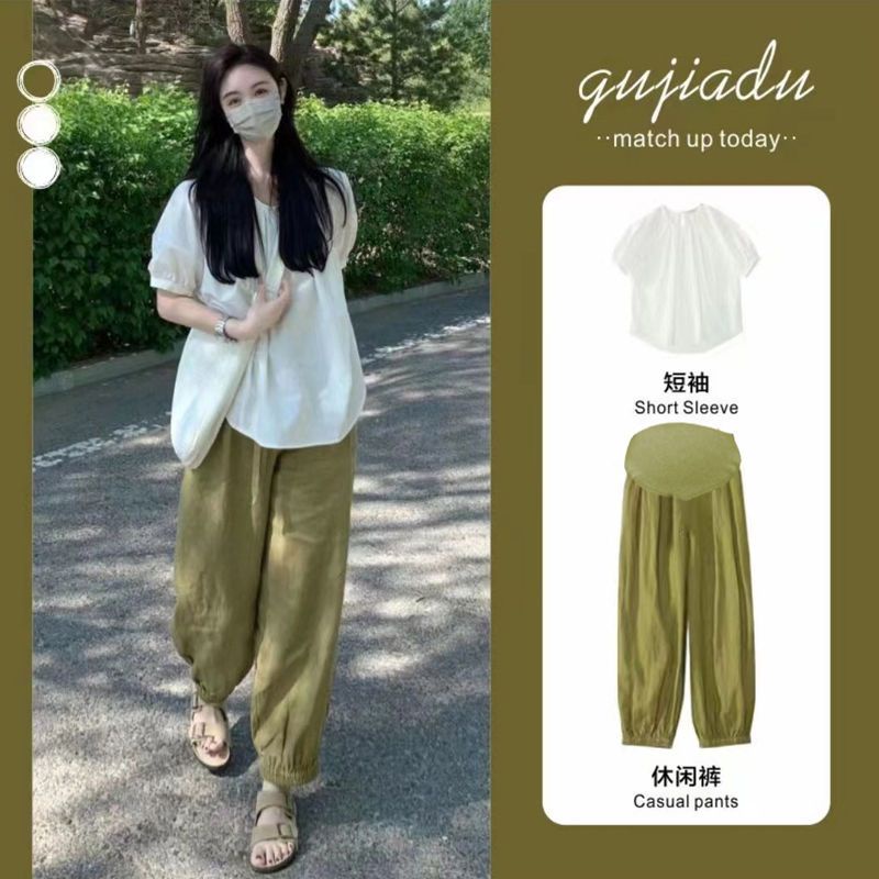 Hàng Mới Về Mới Set Áo Thun Ngắn Tay + Quần Dài Ống Rộng Thời Trang Cho Mẹ Bầu