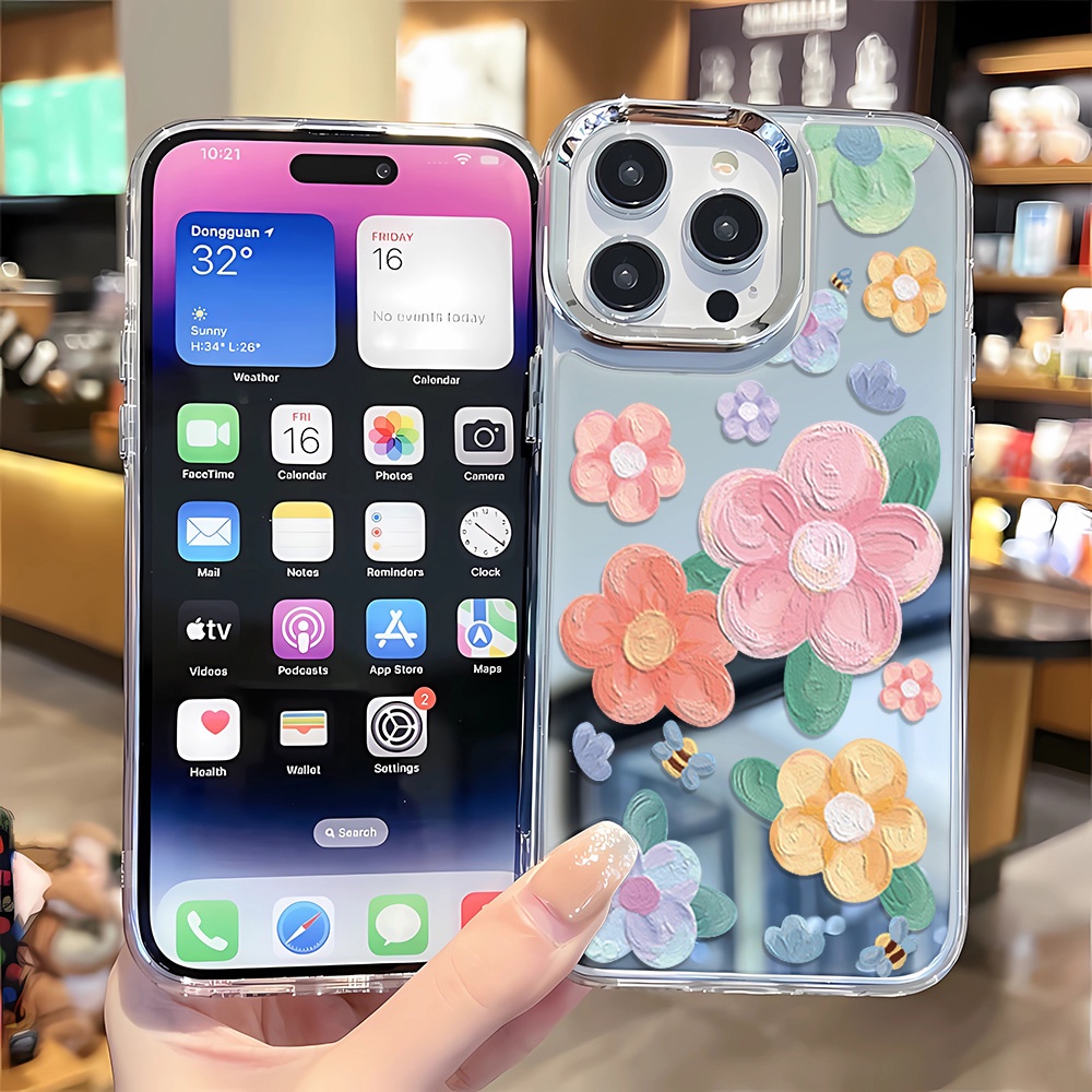 Ốp Điện Thoại Tráng Gương Viền Kim Loại Họa Tiết Hoa Cho iphone 14 pro max 11 12 13 8 7 Plus X XR XSMax
