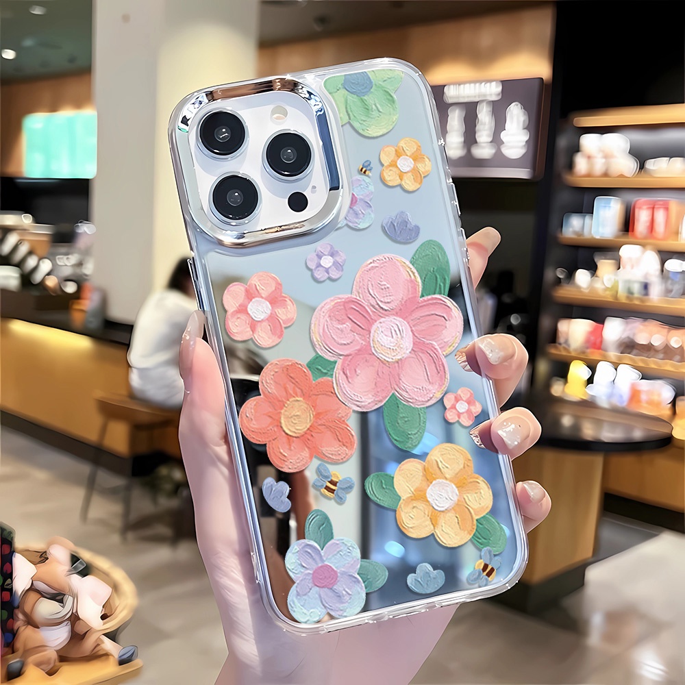 Ốp Điện Thoại Tráng Gương Viền Kim Loại Họa Tiết Hoa Cho iphone 14 pro max 11 12 13 8 7 Plus X XR XSMax