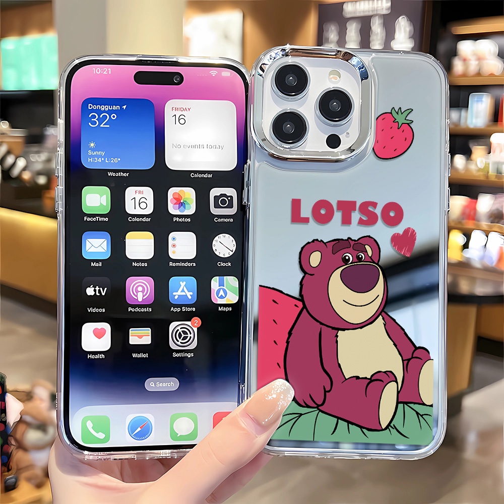 Ốp Điện Thoại Tráng Gương Viền Kim Loại Họa Tiết Gấu / Dâu Tây Cho iphone 14 pro max 11 12 13 8 7 Plus X XR XSMax