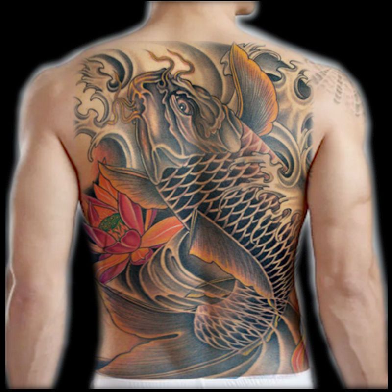 Hình Xăm Dán Trang Trí Sau Lưng Chống Thấm Nước Hình Quan Công Cá Chép Kowloon
