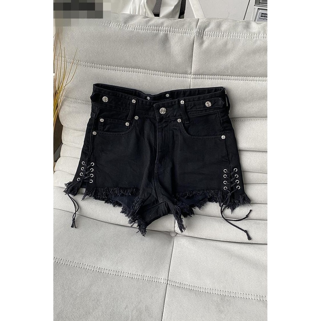 [Hàng Có Sẵn Giao Hàng Nhanh] ins Quần Short Denim Hoa Chéo Dây Lưng Cao Thời Trang Đường Phố Mùa Hè Nóng Bỏng Cho Nữ T