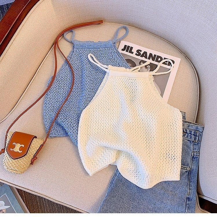 Áo Hai Dây Dệt Kim Hở Vai Màu Trơn Mùa Hè Ngọt Ngào Thời Trang Mới Mùa Hè Cho Nữ