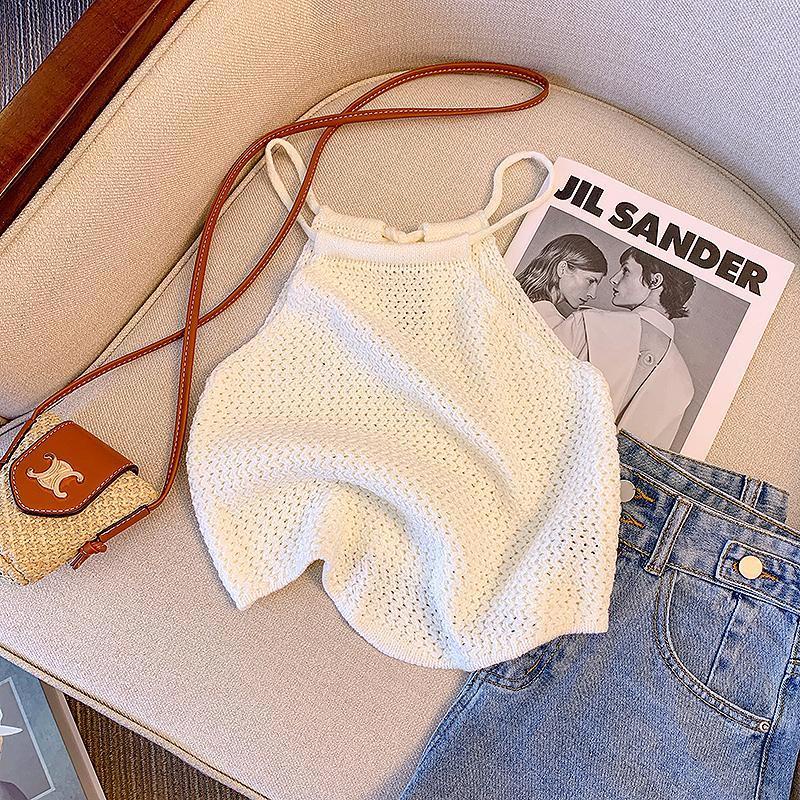 Áo Hai Dây Dệt Kim Hở Vai Màu Trơn Mùa Hè Ngọt Ngào Thời Trang Mới Mùa Hè Cho Nữ