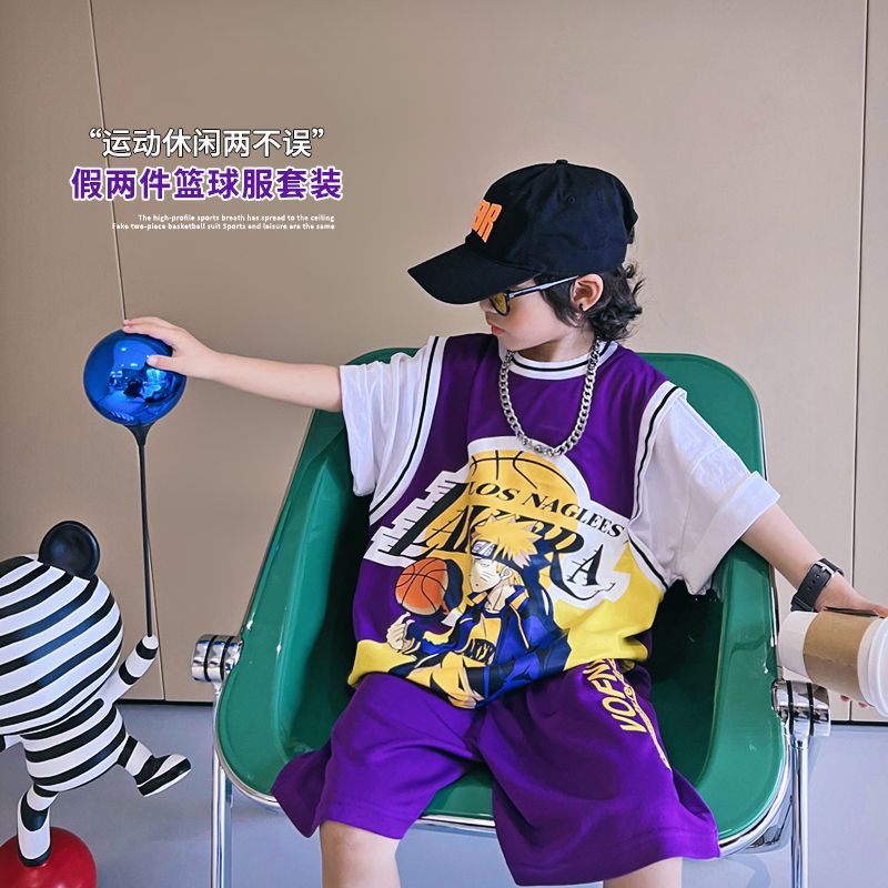 Bộ Đồ Thể Thao Giả Hai Mảnh Dáng Rộng Tay Ngắn Phong Cách Đường Phố Mỹ Cổ Điển Thời Trang Mùa Hè Dành Cho Bé Trai