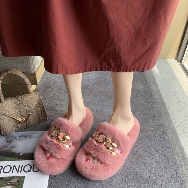 Dép Lông Xù Đế Dày 5-8CM Phối Quai Xích Cá Tính Thời Trang Hàn Quốc