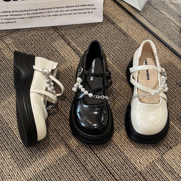 Thick-soled mary jane shoes 2023 phong cách mới chuỗi ngọc trai giày da nhỏ
