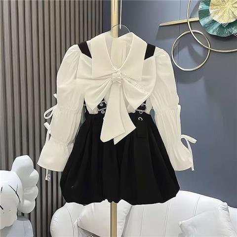 Bộ Áo Sơ Mi Thắt Nơ + Chân Váy Yếm Xếp Ly Xinh Xắn Thời Trang Xuân Thu 2023 Cho Bé Gái