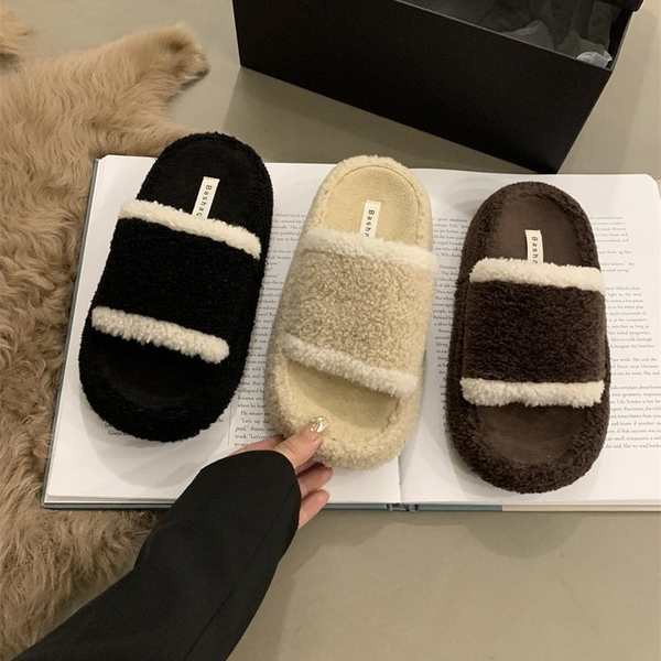 Dép Bông Đi Trong Nhà Đế Dày Bằng cotton Phối Lông Thời Trang Cho Nữ